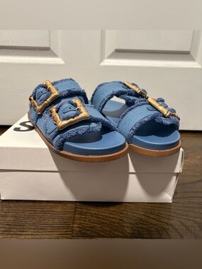 SCHUTZ Blue Frayed Double-Buckle Slide Sandals with Gold Buckles